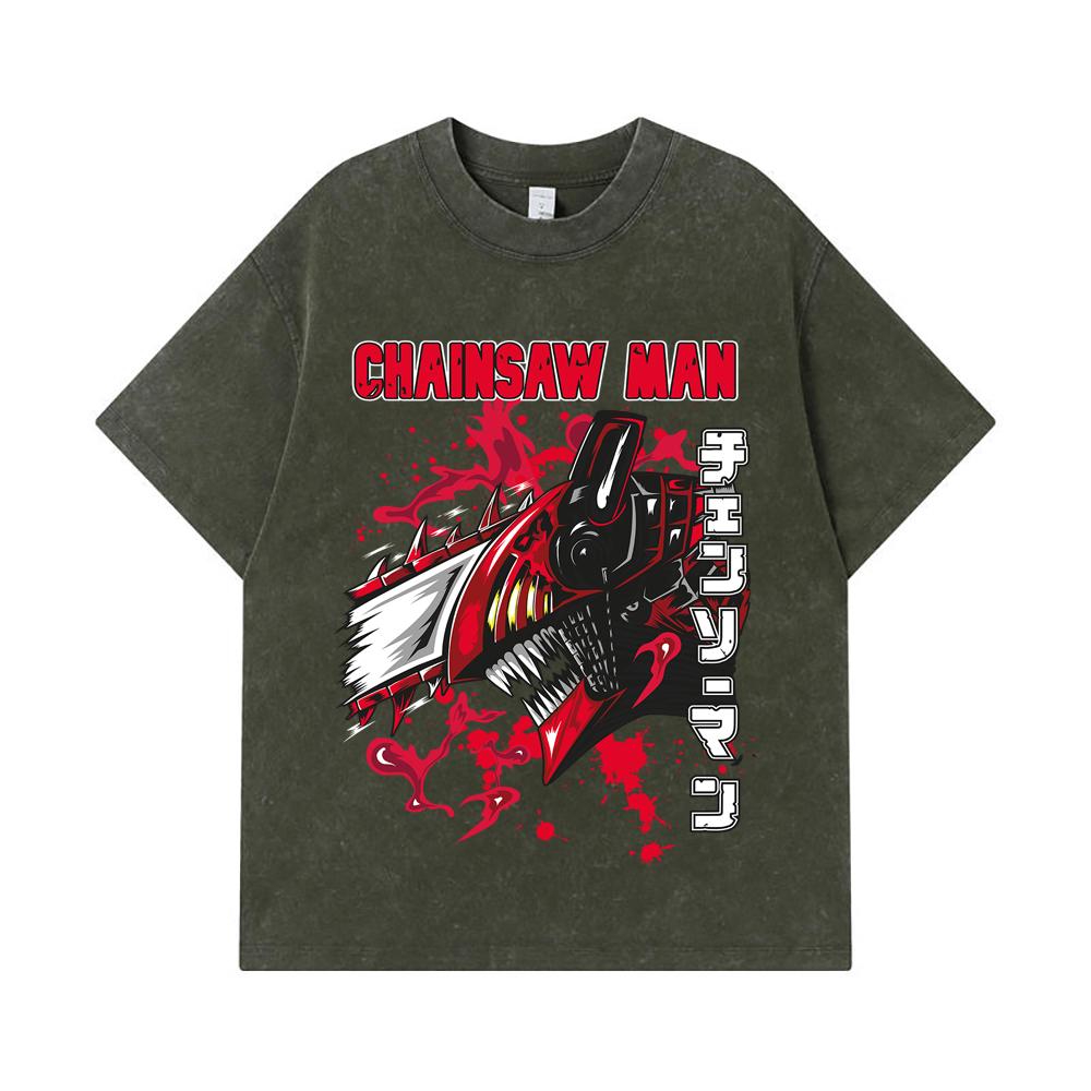 275 GSM Washed T-shirts 100% Cotton Chainsaw Man V47 Denji Print Unisex Heavy Cotton T Shirt