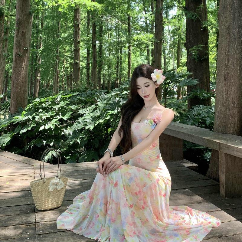 Sommerinsel Foto Schönes Kleid Urlaub Süßes Träger-Taillenkleid Meeresstrand Rock Gefühl