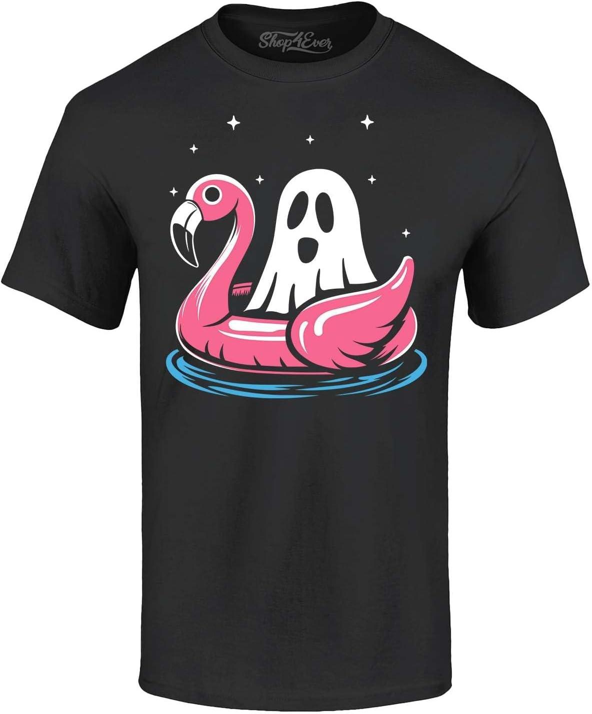 Pink Flamingo Floatie with Ghost Spooky Halloween T-Shirt S