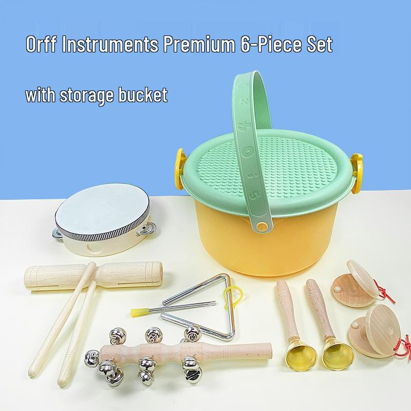Children's Orff Percussion Instruments: Triangle, Castanets, Maracas, Tambourine, Wood Block, Cymbals