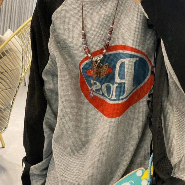Y2K Vintage hosszú ujjú póló női harajuku utcai viselet szürke pulóverek túlméretezett retró patchwork nyomtatású pólók