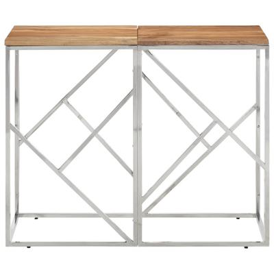 Console Table In Silver Stainless Steel and Solid Acacia Wood