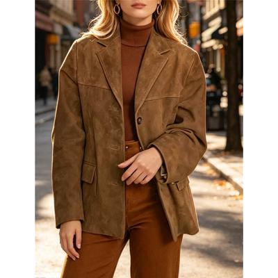 Women Faux Suede Blazer Lapel Collar Single‑Button Long‑Sleeve Loose Casual Suit Jacket Outerwear 
