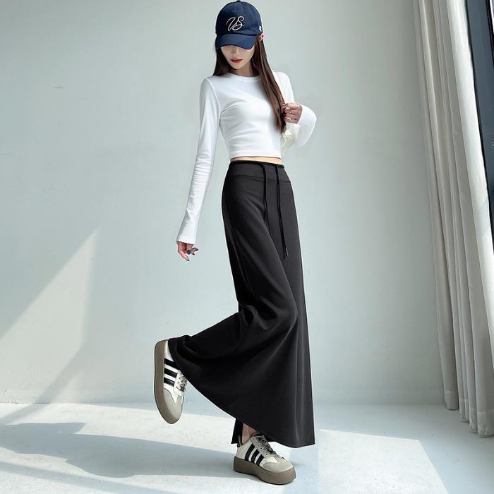 Women's Gray High Waist A-line Midi Skirt - Autumn Sporty Style with Straight Slit and Draping