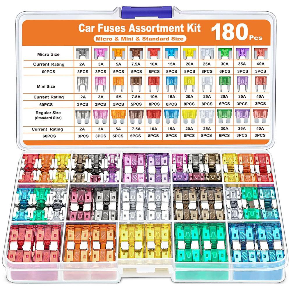 180Pcs Fuses Assorted Kit, Mini Blade Fuse + Standard Fuse Automotive +Micro Fuse +1 Puller (2A-40A) for Car/RV/Truck/Motorcycle Micro Mini Medium