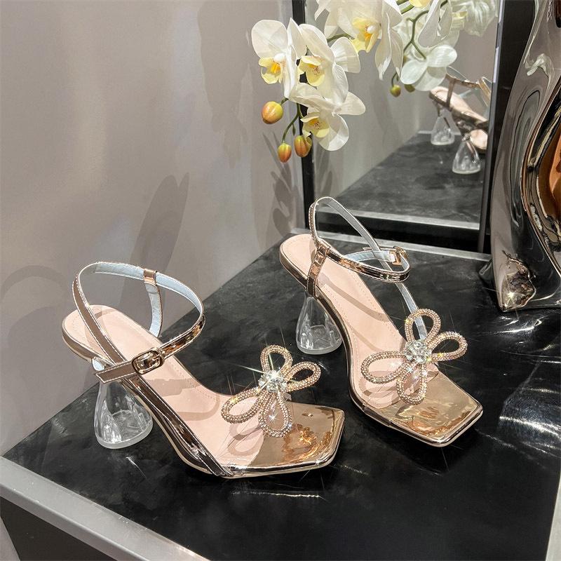 Sandals Spring Women's One-Word with High Heel Rhinestone Bow Premium Crystal Sandals