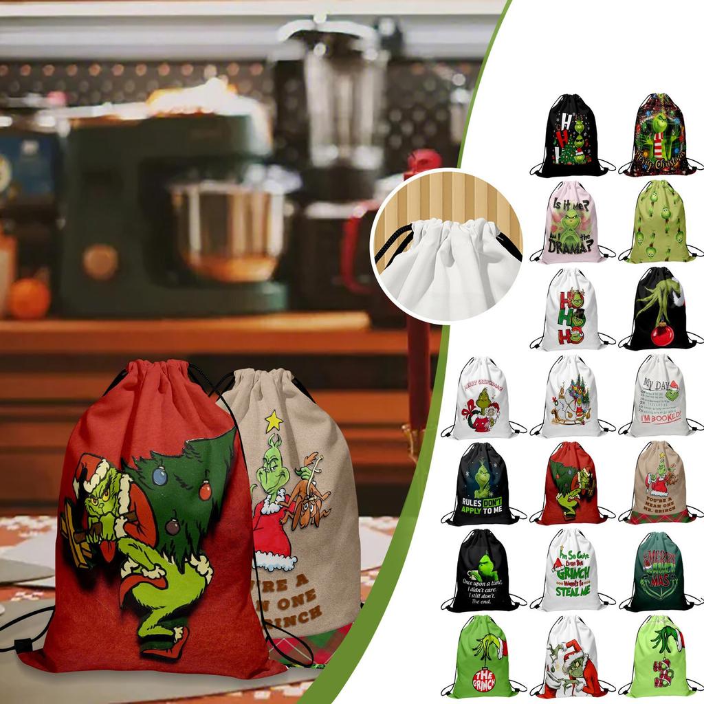 Christmas Double Sided Print New Year Gift Bag Drawstring Pocket Christmas Backpack