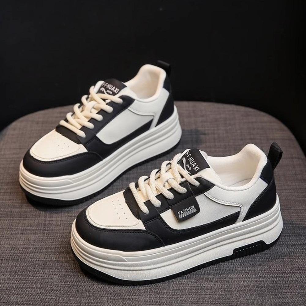 Thick Bottom Heightening Women's Spring Summer Soft Leather High Top Sneakers Black White Versatile Adult Casual Shoes