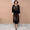 High-end Women's Velvet Plus-size Dress V-neck Loose Silk Printed Long Dress