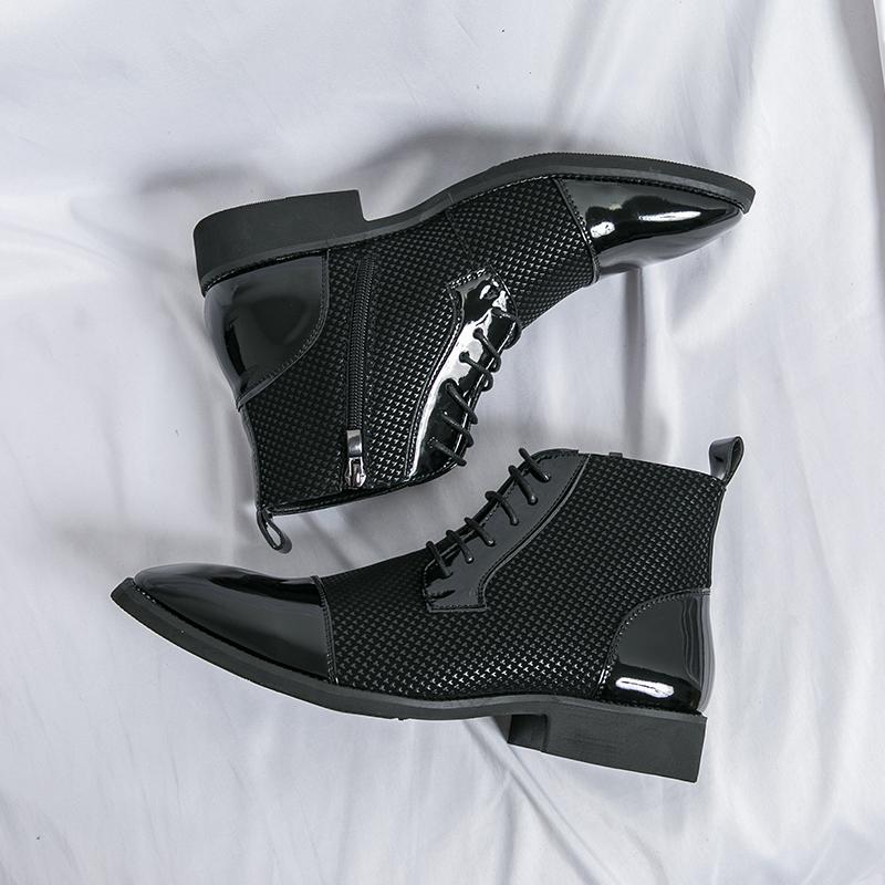 Wniter New Male Pointed Alligator Pattern Metal Chain Ankle Boots Men Casual Luxury High Top Platform Shoes Zapatos Hombre