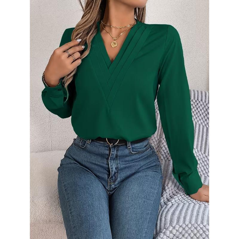 Womens Dressy Casual Shirts Long Sleeve Layered V Neck Solid Elagant Tops Fall Winter Preppy Business Office Blouse