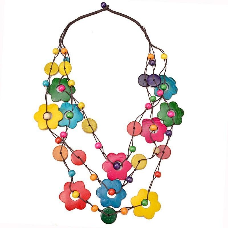 Bohemian Style Multicolor Wood Flower Beaded Long Necklace
