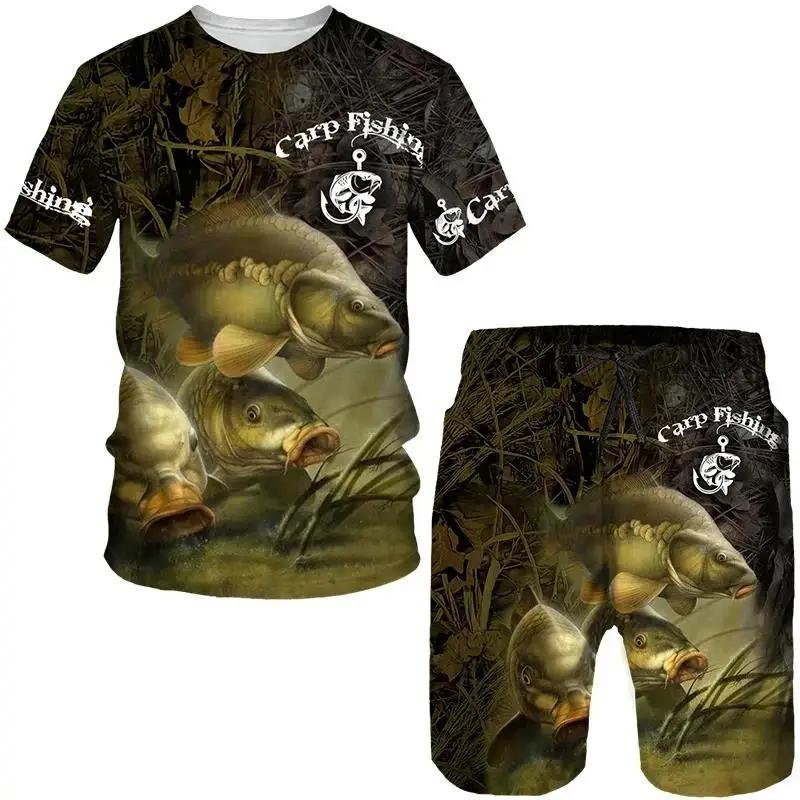 Men's Outdoor Fishing Hunting 3D Print T-shirt Shorts 2-piece Set O-neck Retro Fashion Sports Short Sleeve Pullover High-quality