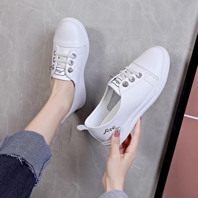 Women's Genuine Leather Slip-On White Sneakers: Low-Cut, Versatile, Trendy Summer Style.