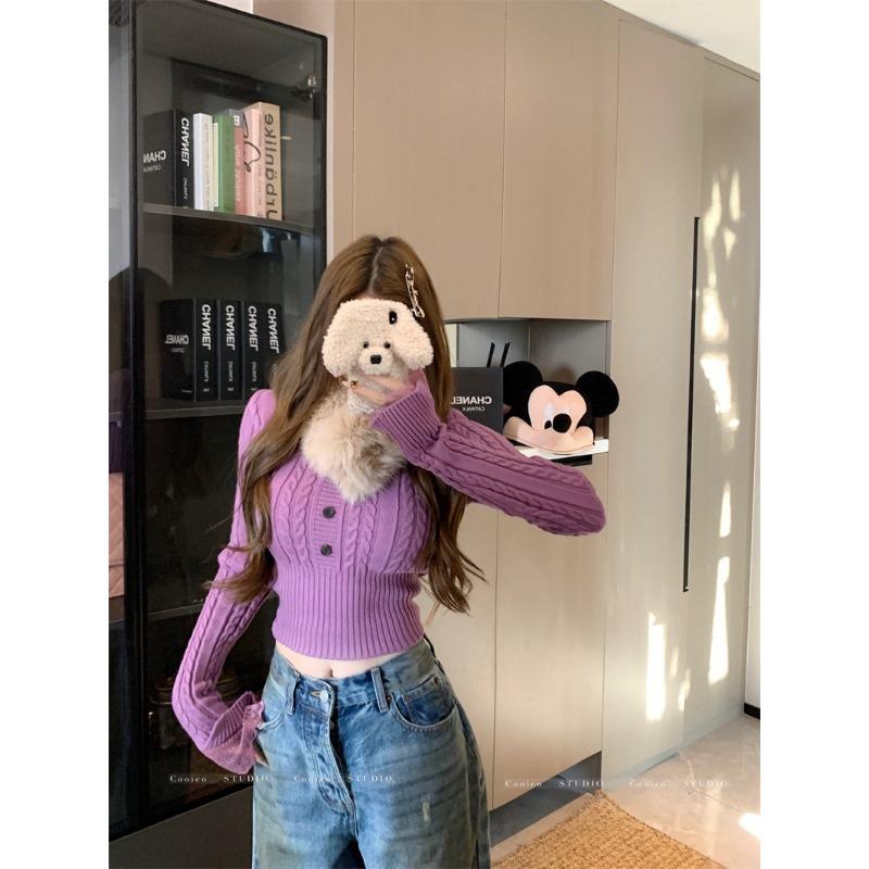 

Autumn Winter Round Neck Vintage Slim Waist Sweater Women Casual Fashion All-match Pullover Knitting Top onesize фиолетовый