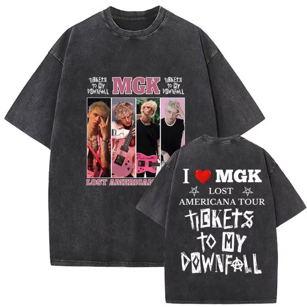 Vintage Washed MGK Lost Americana Tour Print Tshirts Men Women Harajuku High Quality Fashion Oversized Cotton T Shirt