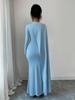 Damen Herbst und Winter Neu Elegant Himmelblau Vielseitig Taillenbetont Plissiert Gestrickt Langärmelig Lang Partykleid