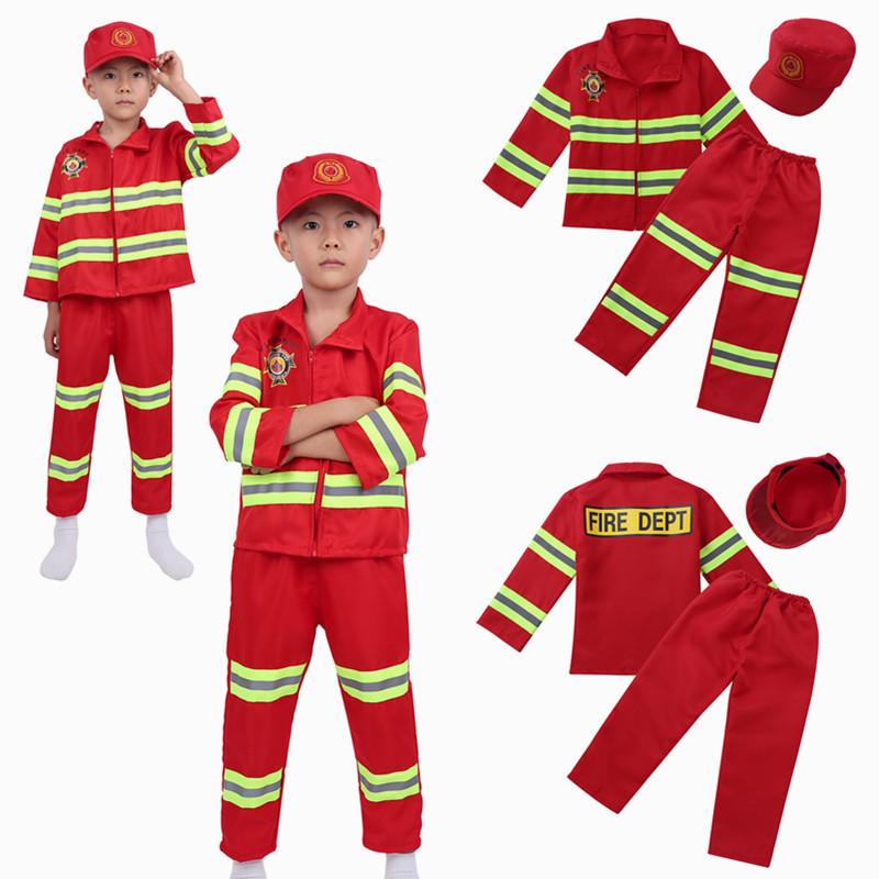 Kids Fireman Costume Set Girls Boys Firefighter Cosplay Fancy Dress Up Thick Jacket Coat With Pants Hat Set