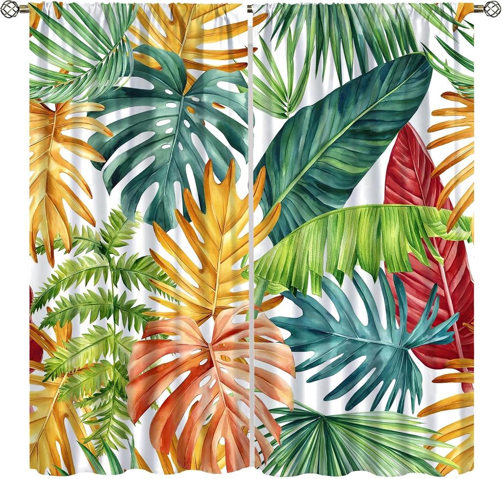 Tropical Palm Leaf Curtains Natural Emerald Green Gold Botanical Plant Abstract Printed Window Treatments Curtain Made Of Polyester With Rod Pocket