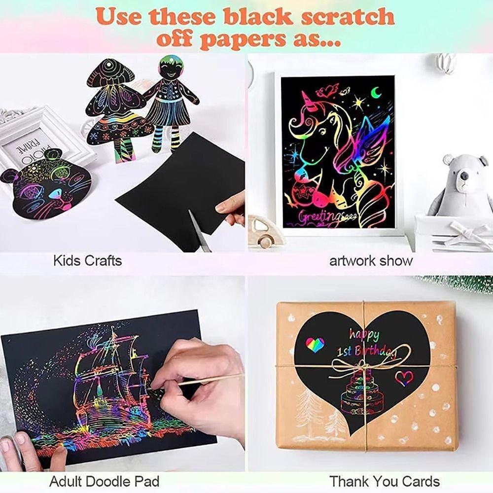 20Pcs 16/32K Scratch Painting Paper with Bamboo Stick Black Drawing Paper DIY Creative Rainbow Magic Graffiti Art Painting Kit