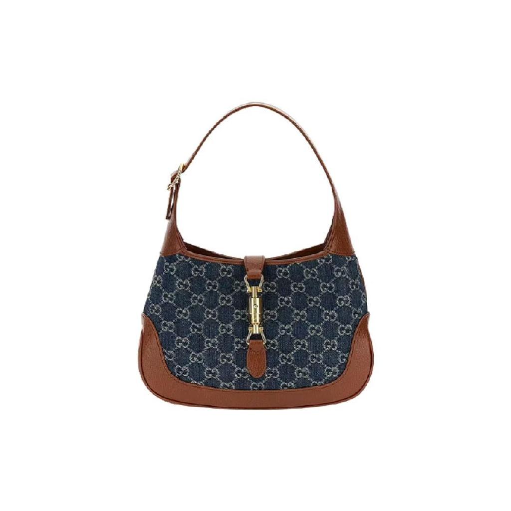 Gucci Jackie 1961 Gold Lock Monogram Canvas And Leather Shoulder Bag Women Shoulder Bag Brown Blue 636706-2KQGG-8375