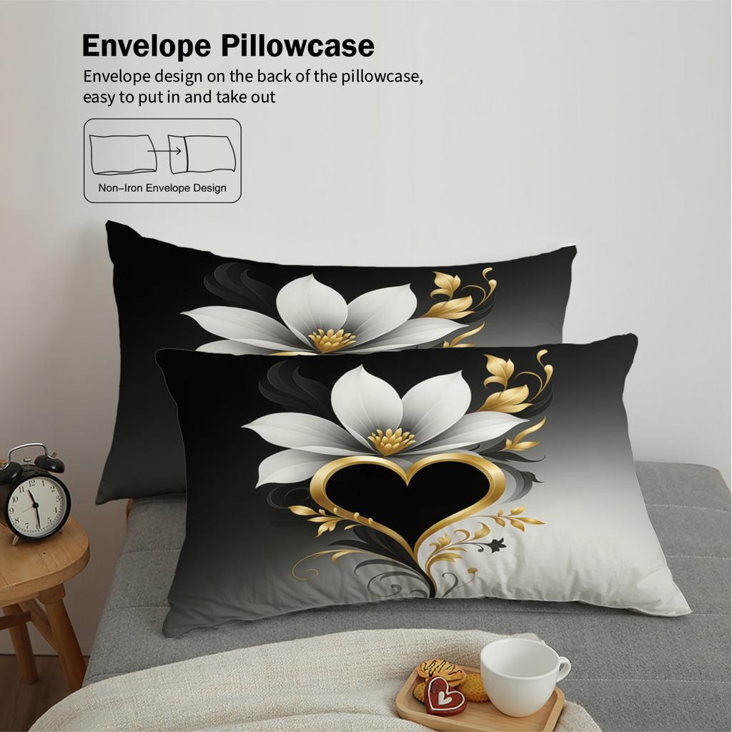 Black White Bedding Set Golden Flowers Soft Comfortable Duvet Cover King Queen Twin Single Size for Bithday Gift Room Decoration