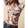 Butterfly Print Mesh Mock Neck Slim Fit Long Sleeve Top