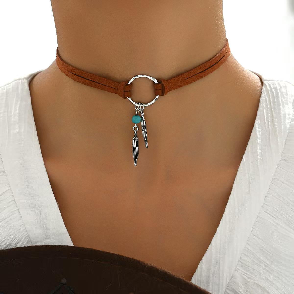 Turquoise Bohemian Ethnic Multi-Layer Leather Necklace for Women One Size