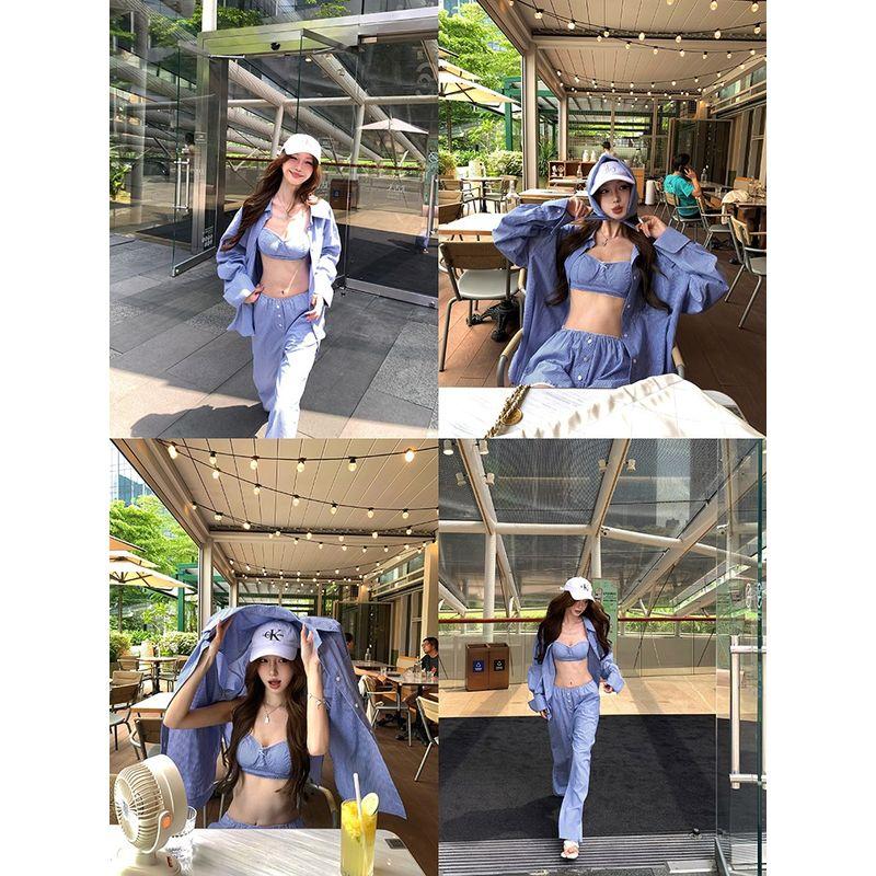 Kumikumi Sexy Style Loose Long Sleeves Shirt Underwear Spaghetti-Strap Slip Women's Autumn Slimming Loose Pants Three-Piece Set