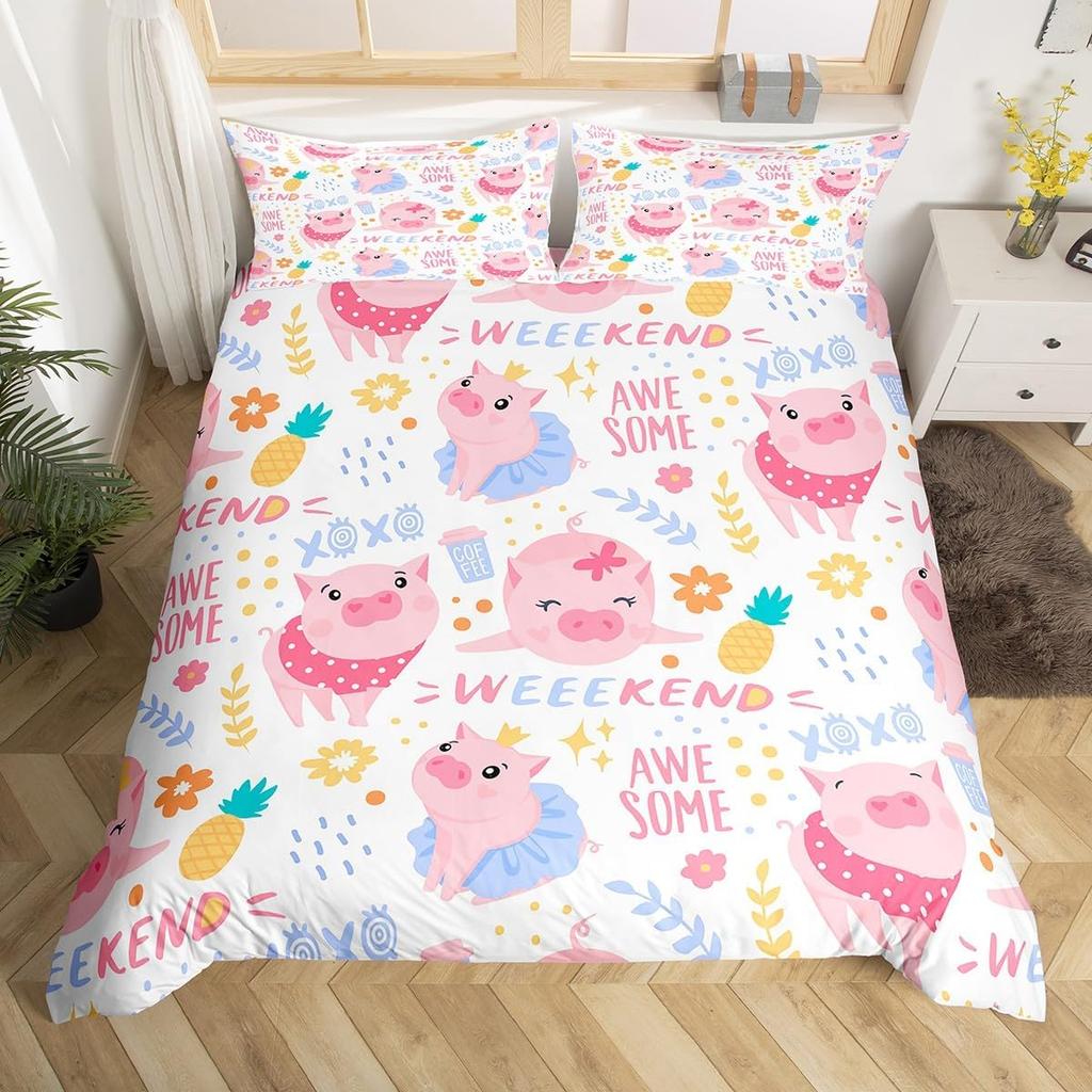 Cute Pig Duvet Cover Set Rose Flower Princess Bedding Set,Girls Women Room Decor,Cartoon Livestock Animal Rustic Comforter Cover