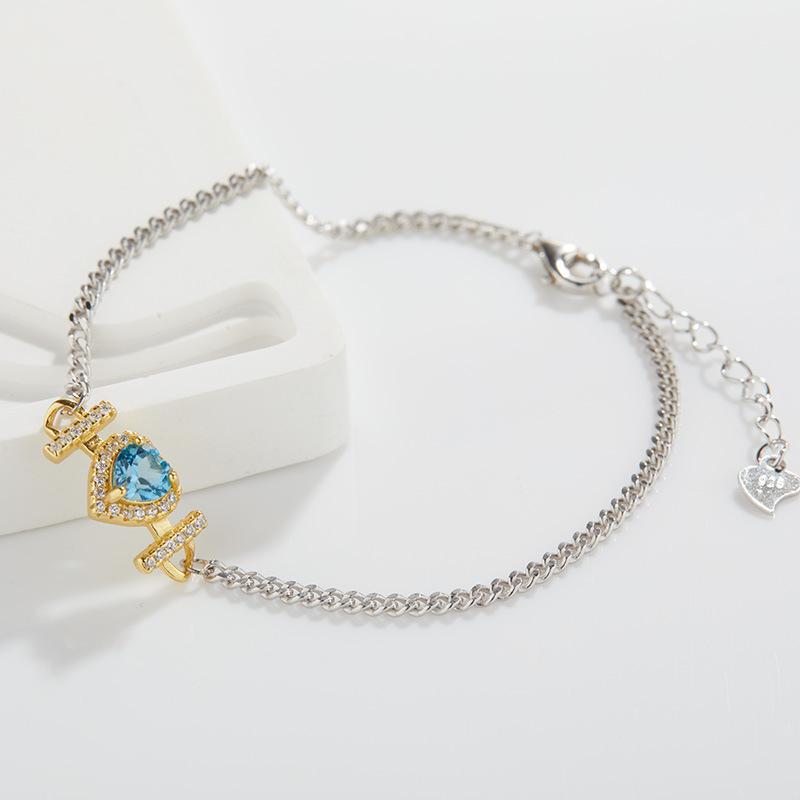 Heart-Shaped Natural Topaz Colored Garnet Inlaid S925 Sterling Silver Diamond-Inlaid Love Bracelet Women S High-End Jewelry