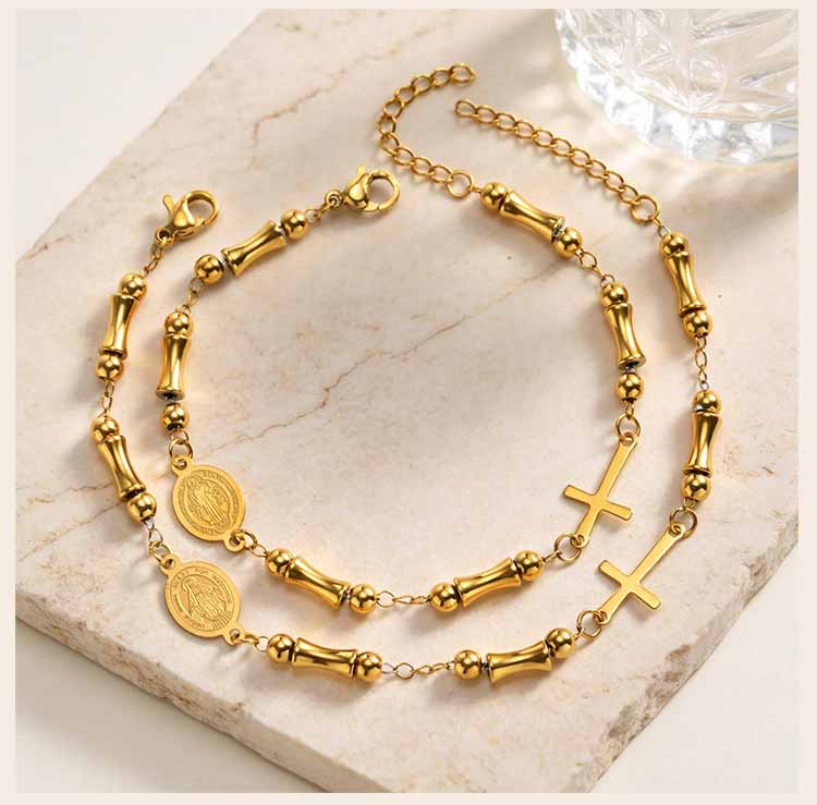 Saint Benedict Rosary Bracelet Bamboo Bead Design 18K Gold Plated Stainless Steel Cross Adjustable Catholic Jewelry