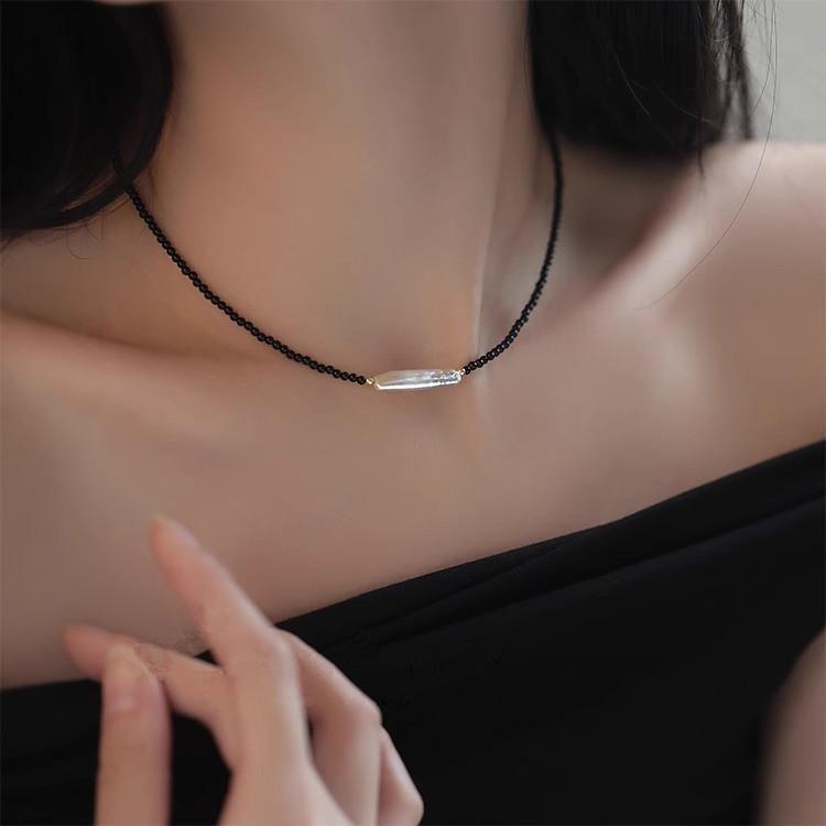 Special-Shaped Baroque Silver Bar Freshwater Pearl Necklace Femininity Ultra-Fine 2Mm Black Agate Beaded Necklace Female