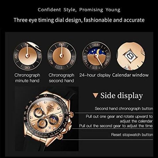 OLEVS Mens Watch Quartz Analog Waterproof Date Wristwatch Black Silicone Belt Stopwatch Large Dial Rose Gold