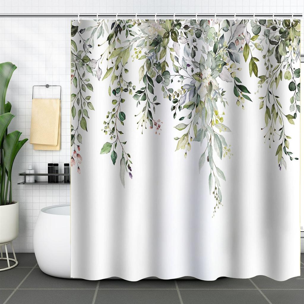 Green Plant Waterproof and Mildew-proof Polyester Bathroom Shower Curtain Shower Curtain Partition Curtain Free of Punching