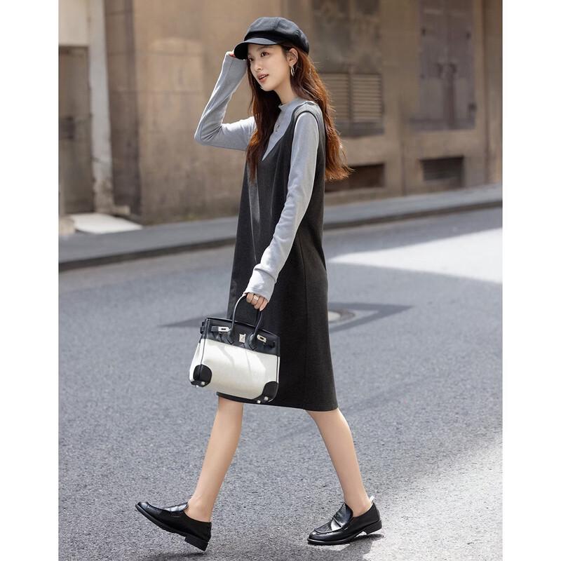 Women's Color Block Stand-up Collar Knit A-Line Dress