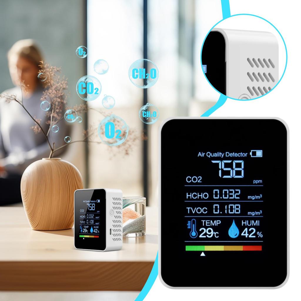 Portable LCD Air Quality Monitor 5 in 1 CO2 Meter Digital Temperature Humidity Tester Carbon Dioxide TVOC HCHO Detector