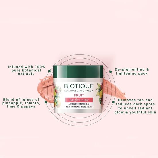 Biotique Fruit Brightening Depigmentation and Tan Removal Face Pack|  Tan Removal Face Pack for All Skin Types|100% Botanical Extracts| 75gm