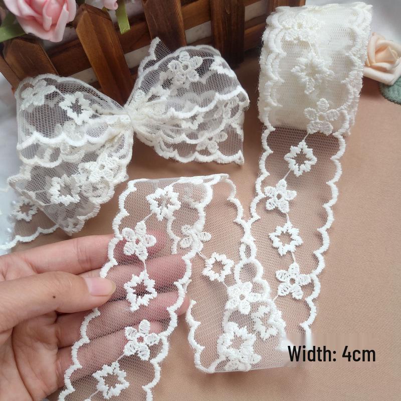 Beige 4cm Embroidered Lace Trim Bow for Hair Accessories, Lolita Ornaments, Bouquet Decoration, Ribbon Craft.