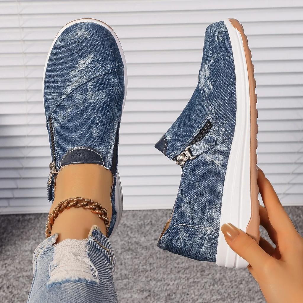 Women'S Casual Sports Shoes Spring New Round Head Deep Mouth Side Zipper Loafers Anti-Slip Wear-Resistant Low-Top Shoes