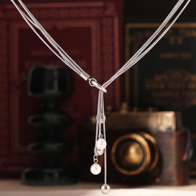 Mehrschichtige Linie Quaste Imitation Perle Anhänger Halskette OT Schnalle kann gezogen werden Edelstahl Kaltwind Schmuck