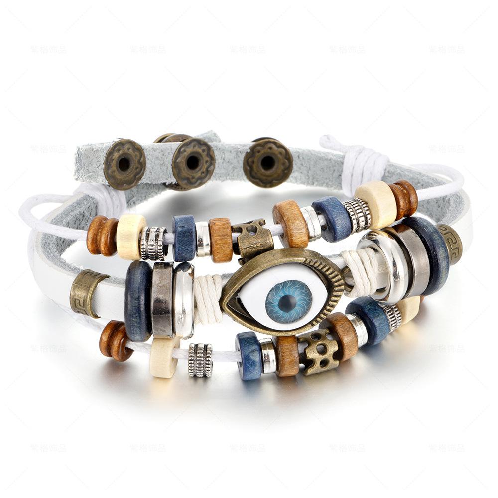 Bohemian Multilayer Braided Leather Bracelet with Eye Beads, Adjustable Couple Wristband