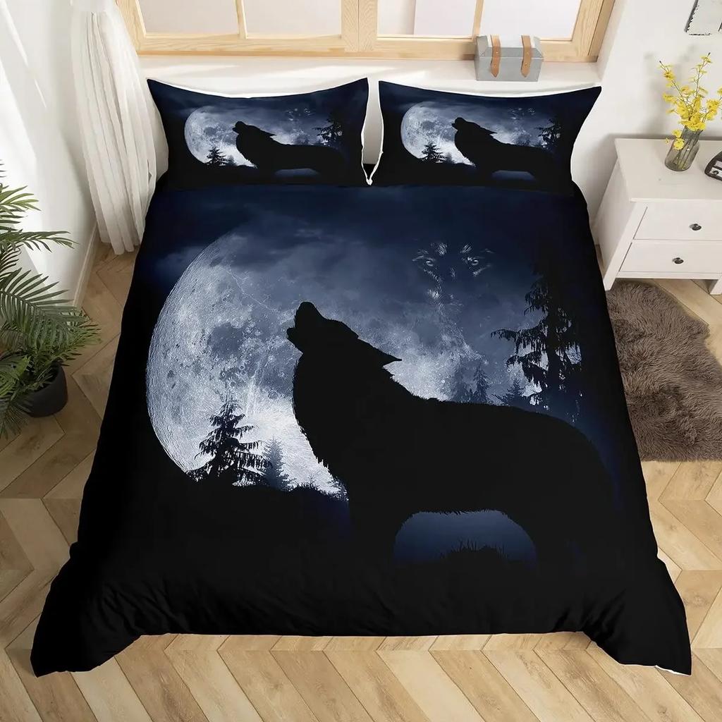 Wild Magical Wolf Bedding Set Wolf Howling 3Pcs Sets For Boys Vintage Oil Paint Wild Animal Single/Twin/Queen/King Size