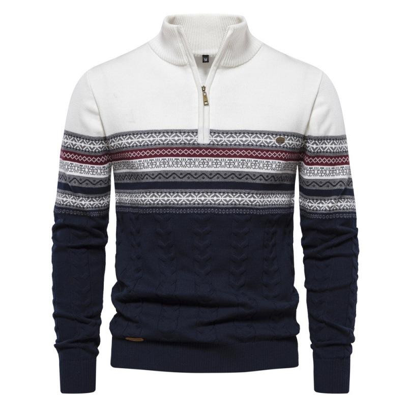 Autumn And Winter New European Style Stand Up Collar Men'S Sweater With Half Zipper Cotton Splicing Casual Knit Sweater