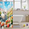 Cartoon Sheep Bath Curtain Cute Farm Animal Shower for Kids Boys Girls,Pink White Flower Floral Bathroom Curtain Botanical