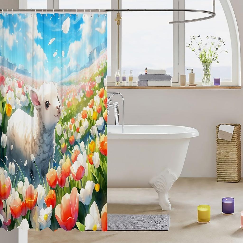 Cartoon Sheep Bath Curtain Cute Farm Animal Shower for Kids Boys Girls,Pink White Flower Floral Bathroom Curtain Botanical