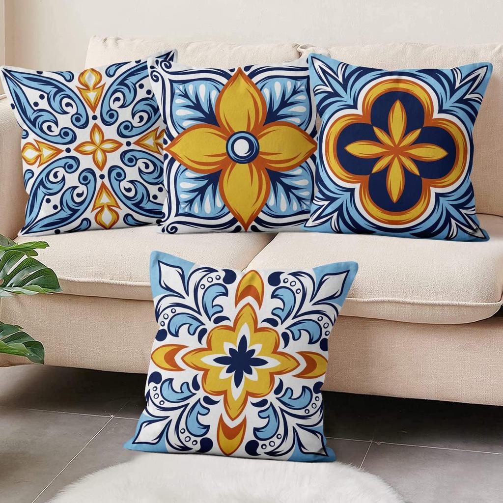 4Pcs Blue Orange Floral Tile Pattern Printed Pillow Cover Polyester Cushion Case 2D Flat Printing Pillowcase Retro Euro Style