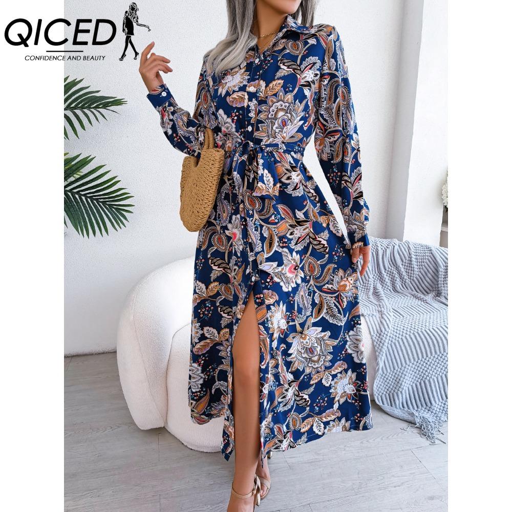 QICED Γυναικείο Ρετρό Φλοράλ Κολάρο Μακρυμάνικο Φόρεμα-Πουκάμισο για Άνοιξη Καλοκαίρι
