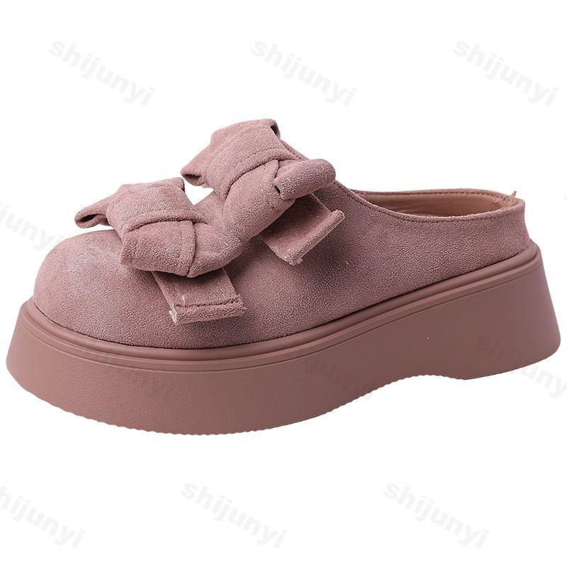 Fashion Elegant Bow Design Casual Thick Sole Half Slippers for Women 2025 Autumn New Versatile Comfortable Fashion Solid Chunky Draggers