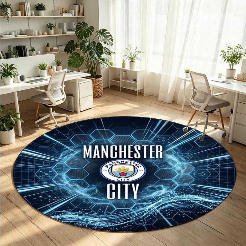 Manchester City Aufdruck Runder Kristall-Samt-Teppich Weicher Rutschfester Bodenläufer Für Schlafzimmer Urlaubsgeschenk